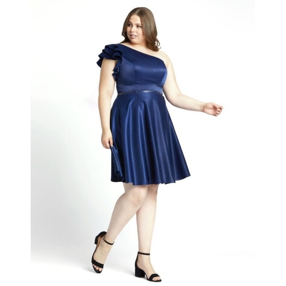 Mac Duggal‎ 49229 Ruffle One Shoulder Beaded Dress Size 14W Midnight Blue NWT